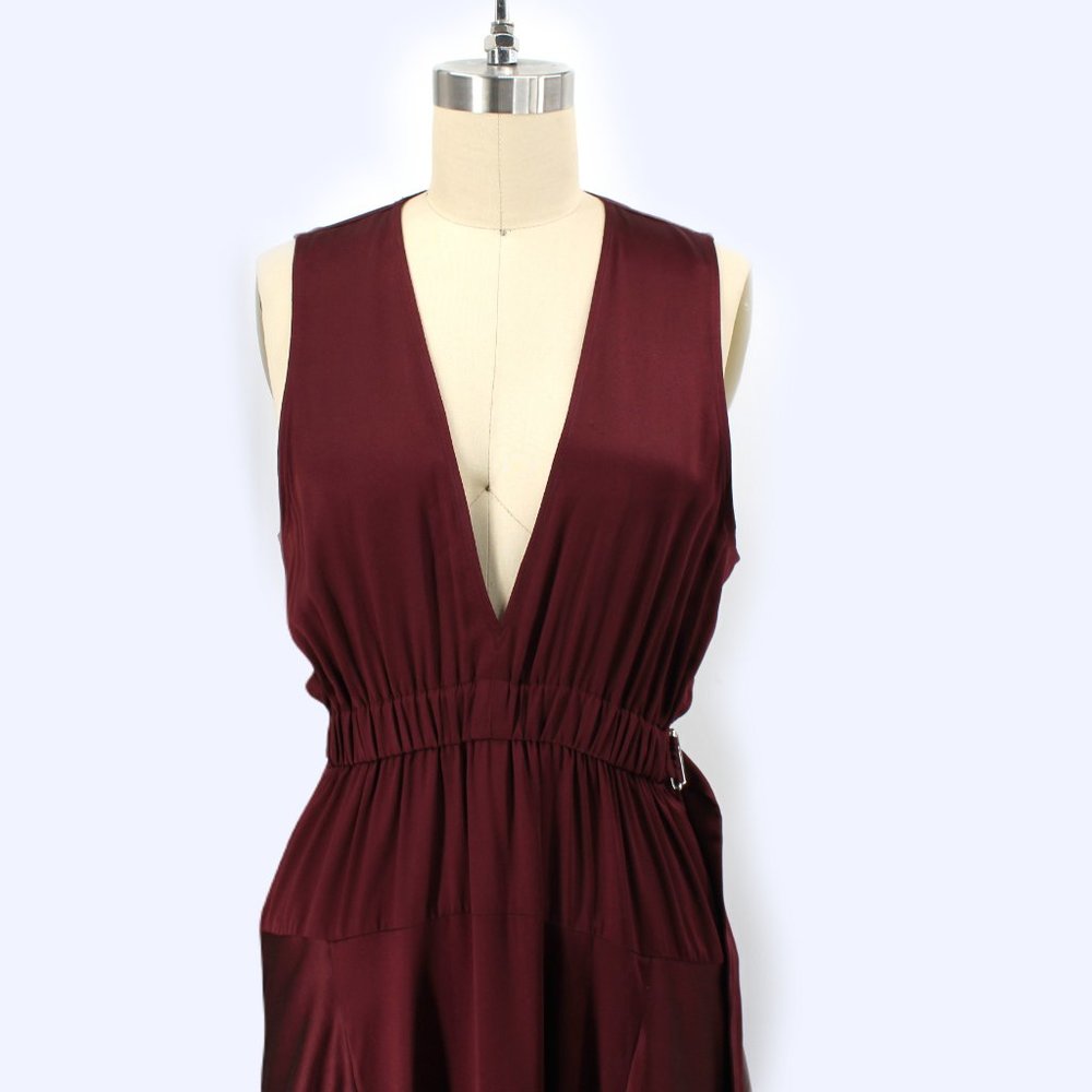 A.L.C. Silk Verena Plunging V-Neck Open Back Burgundy Satin Midi Dress - Picture 5 of 15